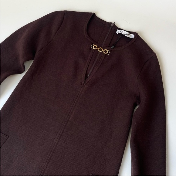 Zara Brown Long Sleeve Knit Sweater Dress With Cutout - Picture 7 of 14